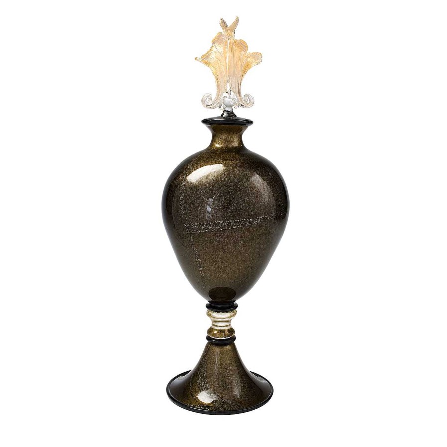 Decoration Officine di Murano 1295 Vases Avec Couvercles | Stmat 24K Black & Gold Vase A Pied Avec Couvercle