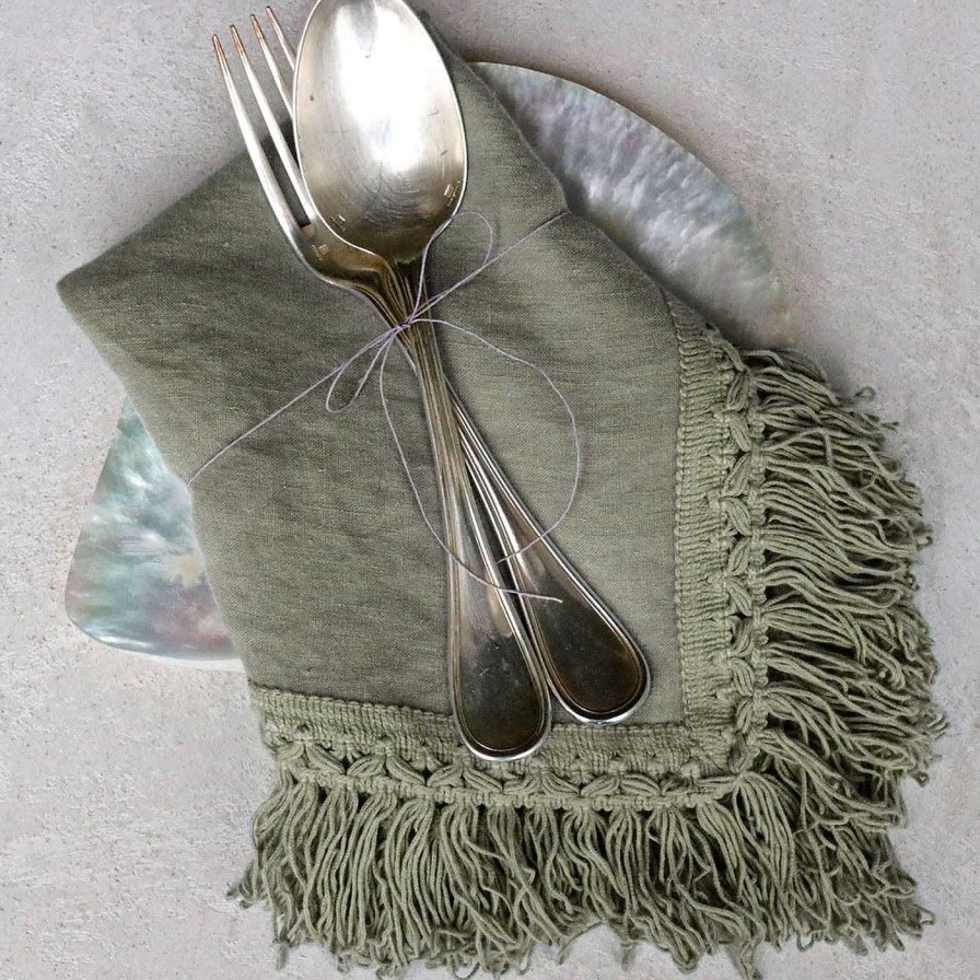 Arts De La Table Once Milano Serviettes De Table | Lot De 4 Serviettes De Table Menthe Avec Longues Franges