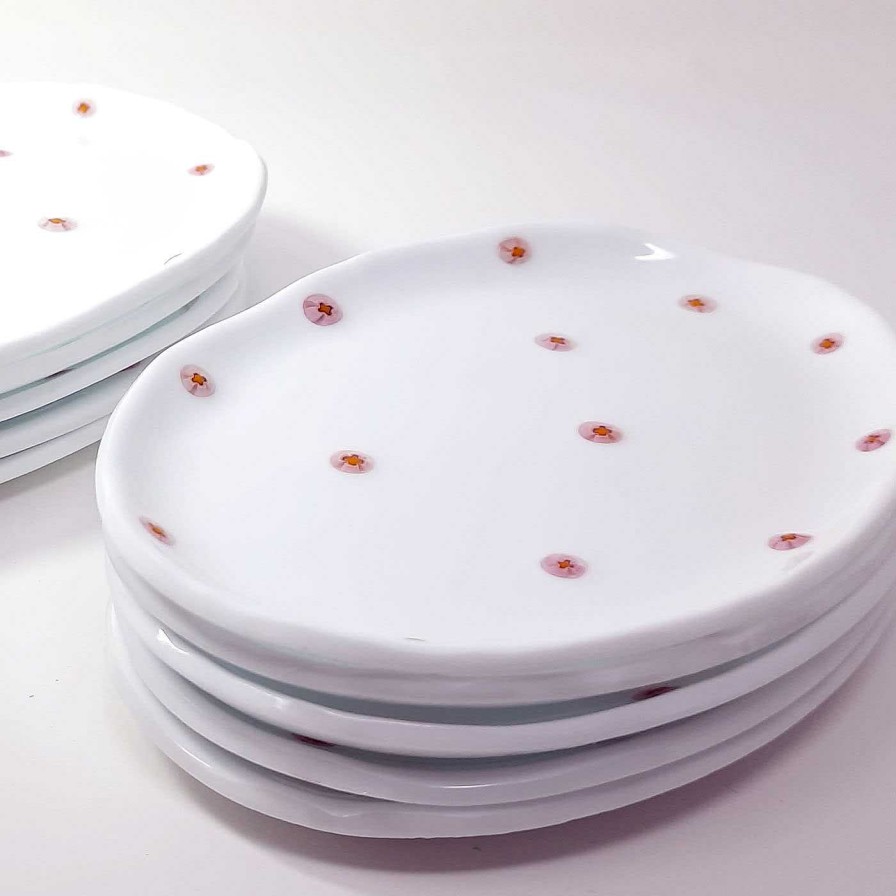 Arts De La Table Gülden Demir Plats De Service | Set De 4 Assiettes En Verre Blanc Avec Incrustations De Murrini Rose