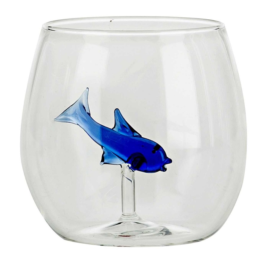 Arts De La Table Casarialto Verres Et Gobelets | Lot De Quatre Verres Arrondis A Petits Poissons Bleus