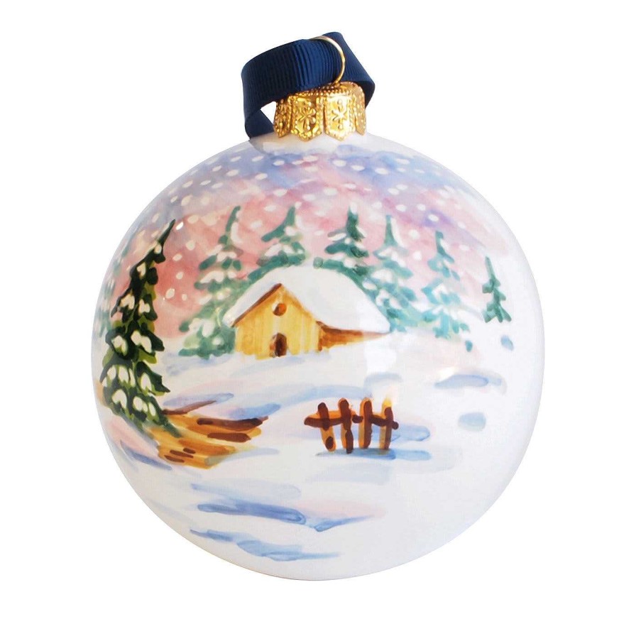 Decoration Ceramiche Santalucia Decorations De Vacances | Ornement Boule De Noel Hivernal Rose Avec Ruban Bleu