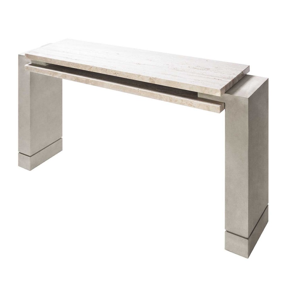 Mobilier Giobagnara Consoles | Console En Cuir Stratos Avec Plateau En Travertin