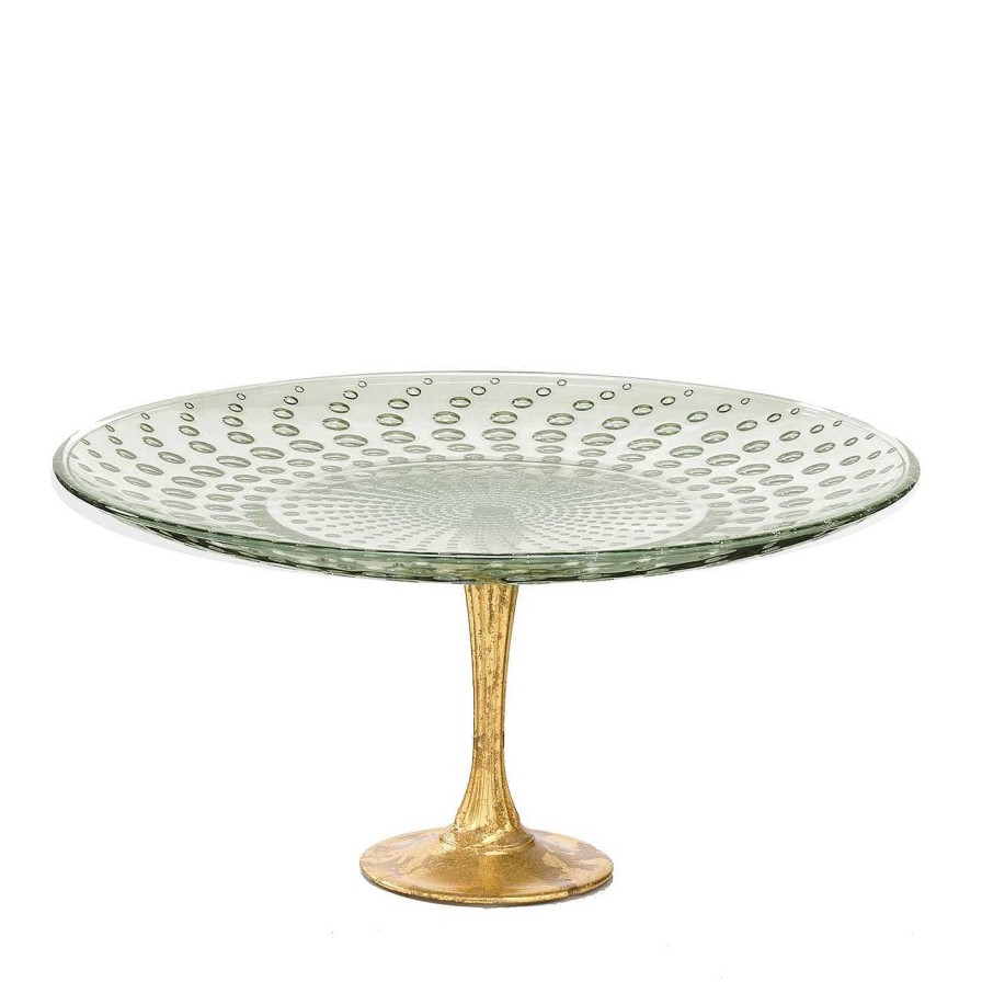 Arts De La Table Creart Assiettes A Gateaux Sur Pied | Astra Green & Gold Leaf Pedestal Cake Stand