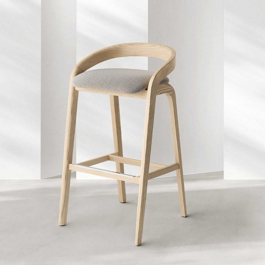 Mobilier Passoni Design Tabourets De Bar | Genea Tabouret De Bar En Frene Blanc Avec Assise Tapissee Grise