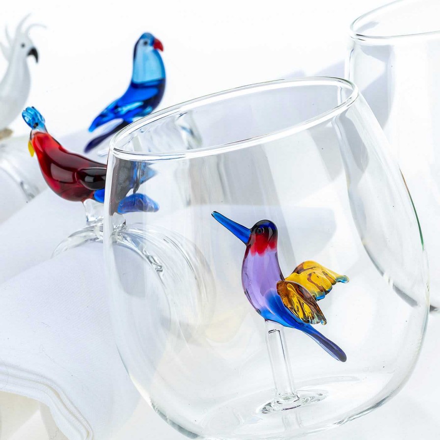 Arts De La Table Casarialto Verrerie | Ensemble De 6 Verres A Oiseaux Tropicaux Et Pichet En Forme De Paon