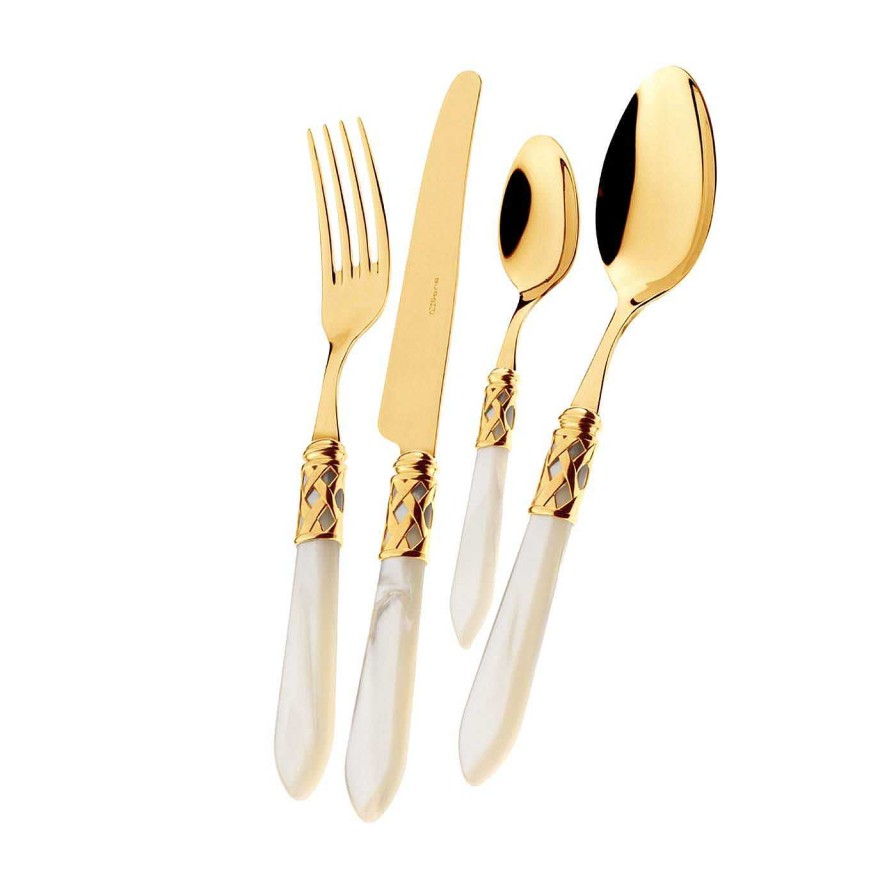 Arts De La Table Casa Bugatti Menageres | Set De Couverts Aladdin Pvd Gold 24 Pieces En Ivoire Avec Boite