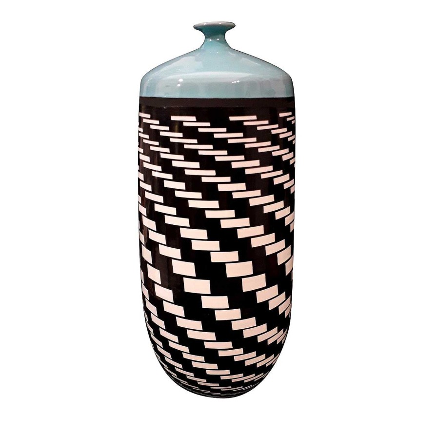 Decoration Zuma Ceramiche by Lucia Carpentieri Bouteilles Decoratives | Vase Hurricane Optical Noir/Blanc/Turquoise