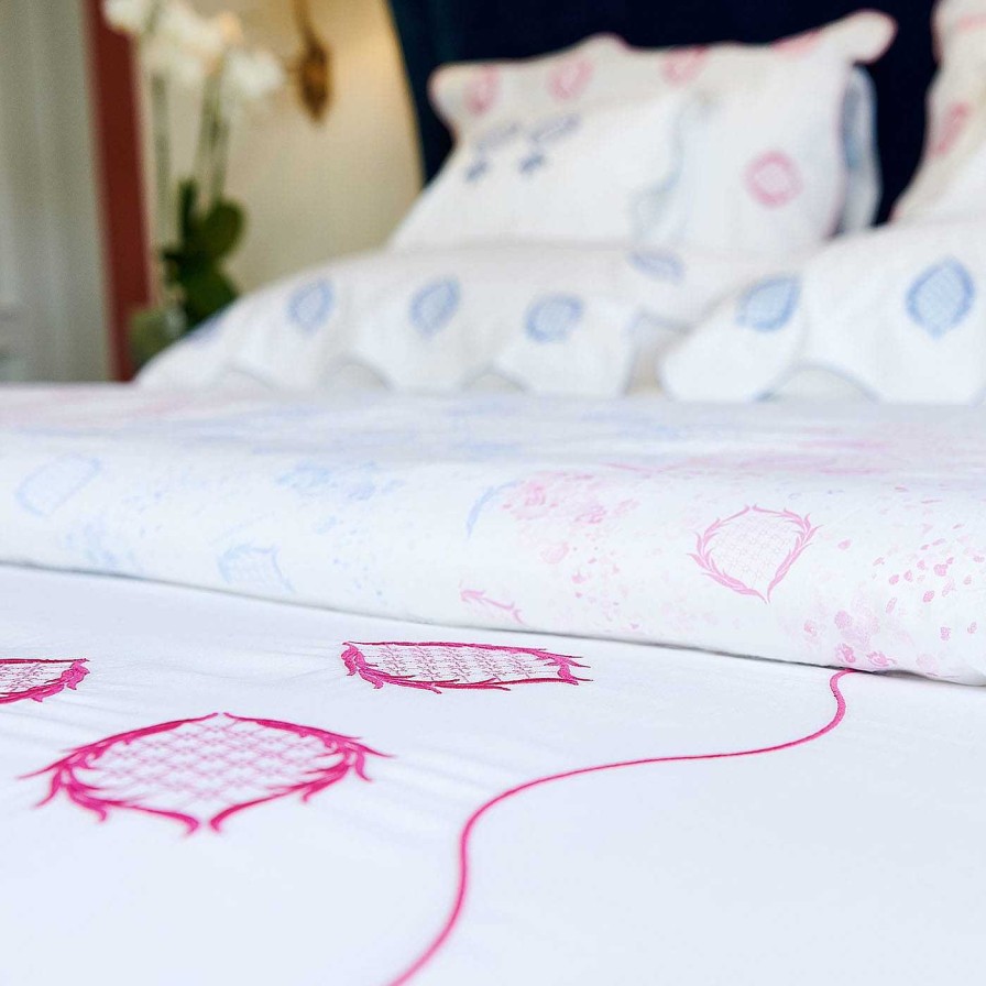 Decoration Verderoccia Linge De Lit | Ananas Broderie Blanche Et Fuchsia Us King Quilt