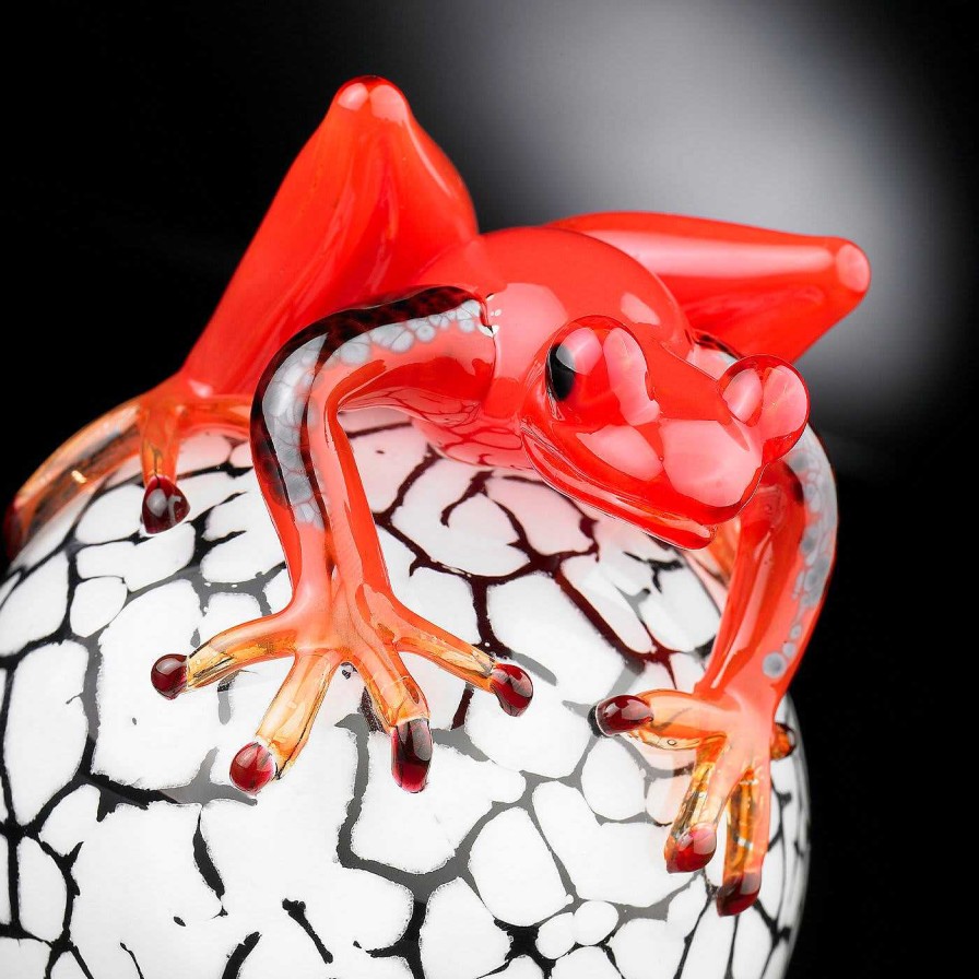 Decoration VGnewtrend Figurines | Oeuf En Verre Blanc Craquele Avec Gecko Rouge