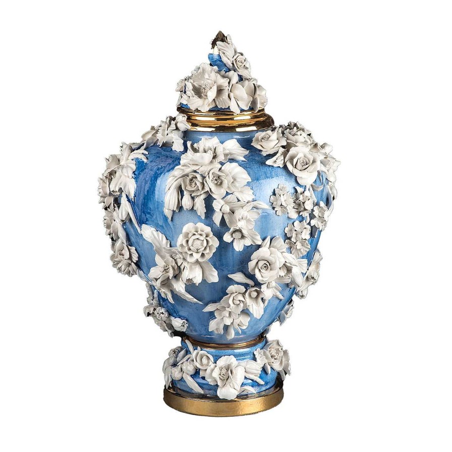 Decoration I Borbone Capodimonte Vases Avec Couvercles | Soraya Floral White & Azure Potiche By Antonio Fullin