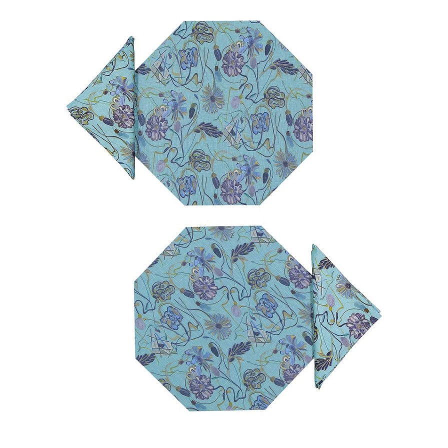 Arts De La Table Luisa Longo Sets De Table | Lot De 2 Sets De Table Et Serviettes Octogonaux Enduits Bleu Clair Bouquet