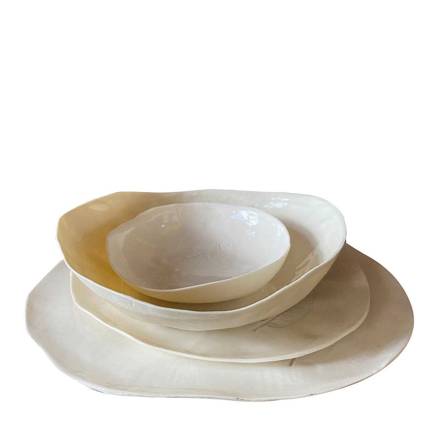 Arts De La Table White Porcelain Florence Services De Table | Sage Leaf - Ensemble De 4 Assiettes En Blanc Casse