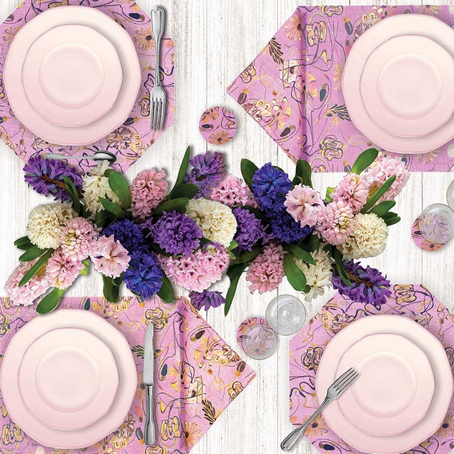 Arts De La Table Luisa Longo Sets De Table | Lot De 2 Sets De Table Et Serviettes Octogonaux Enduits De Rose Bouquet