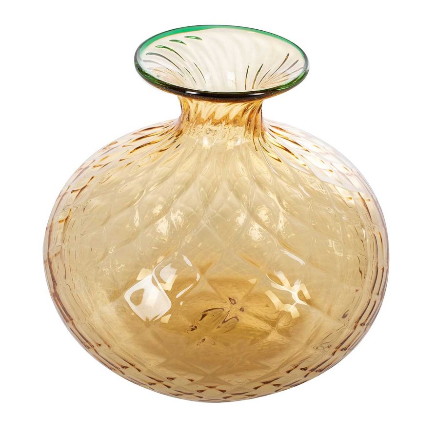 Decoration Officine di Murano 1295 Vases A Fleurs | Vase Balloton Ambre Clair Avec Bord Vert