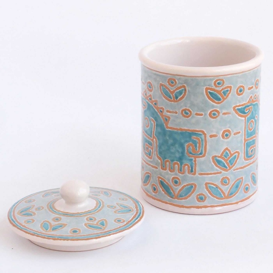 Arts De La Table Ceramiche Santalucia Bocaux | Pot A Cafe Beige Et Sarcelle A Motifs