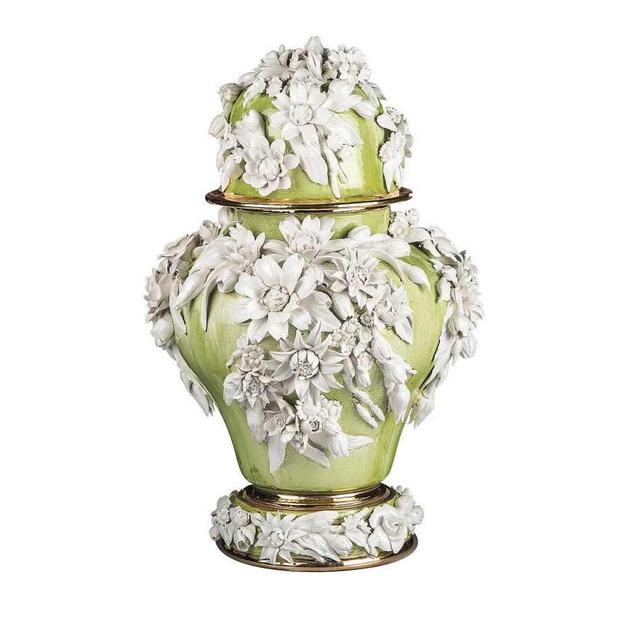 Decoration I Borbone Capodimonte Vases Avec Couvercles | La Terra Floral Green & White Potiche By Antonio Fullin