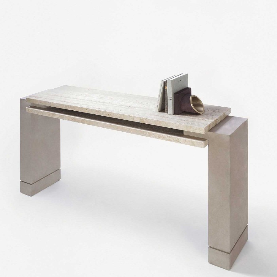 Mobilier Giobagnara Consoles | Console En Cuir Stratos Avec Plateau En Travertin