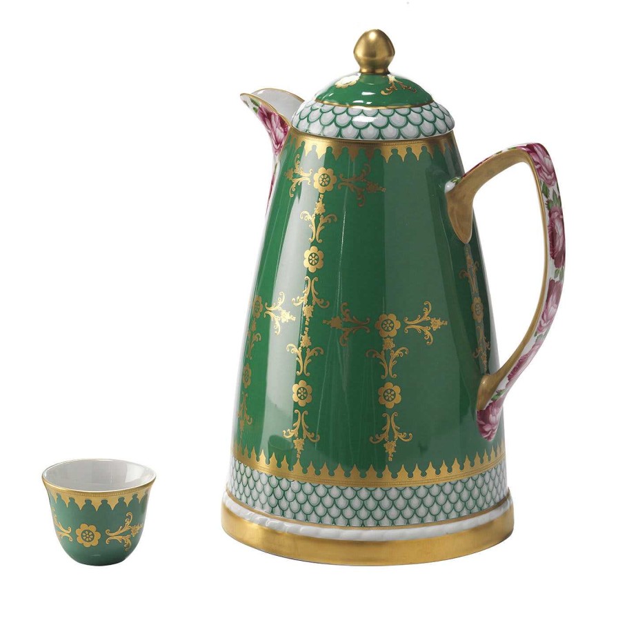 Arts De La Table Mangani 1958 Theieres Et Cafetieres | Ensemble De Petits Thermos Dallah Verts Et Roses Et 6 Tasses Finjan