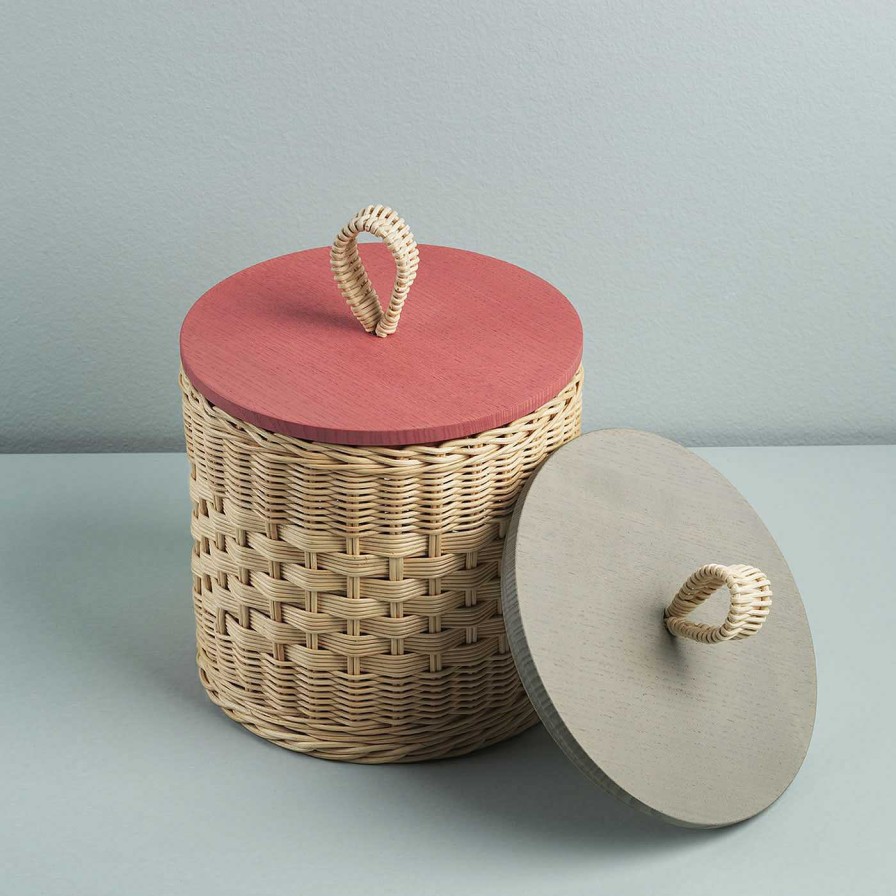 Decoration Mila Maurizi Paniers | Recipient Cylindrique En Osier Avec Couvercle En Bois