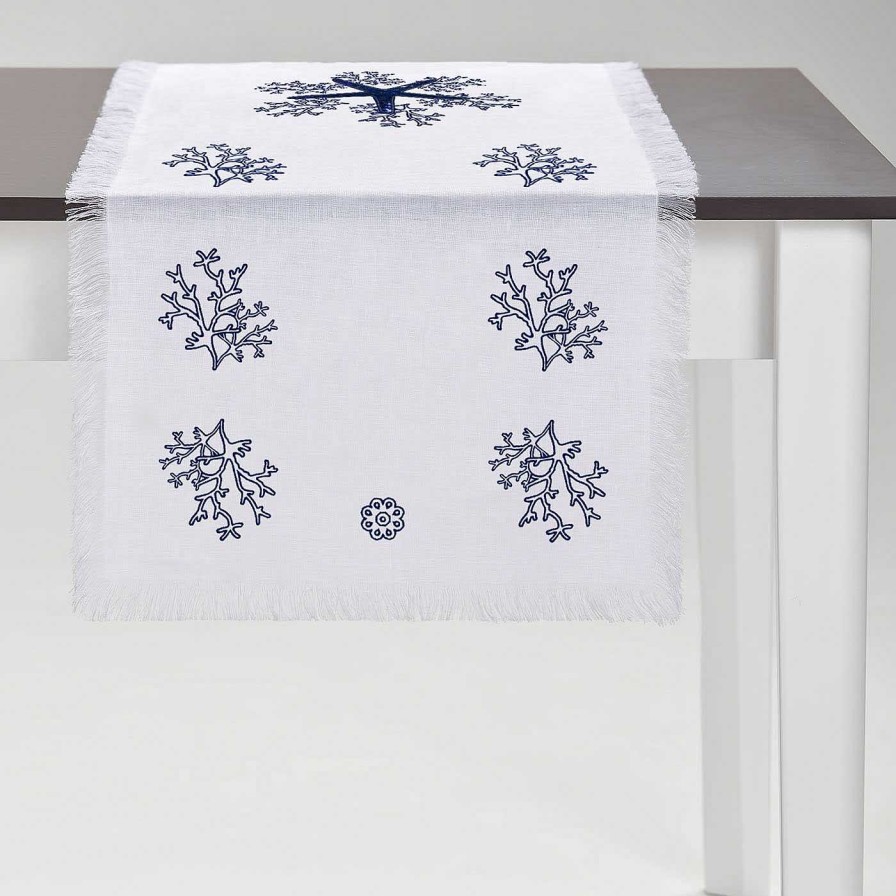 Arts De La Table Cibelle Chemins De Table | Corallo Blu Tapis De Course Blanc A Franges