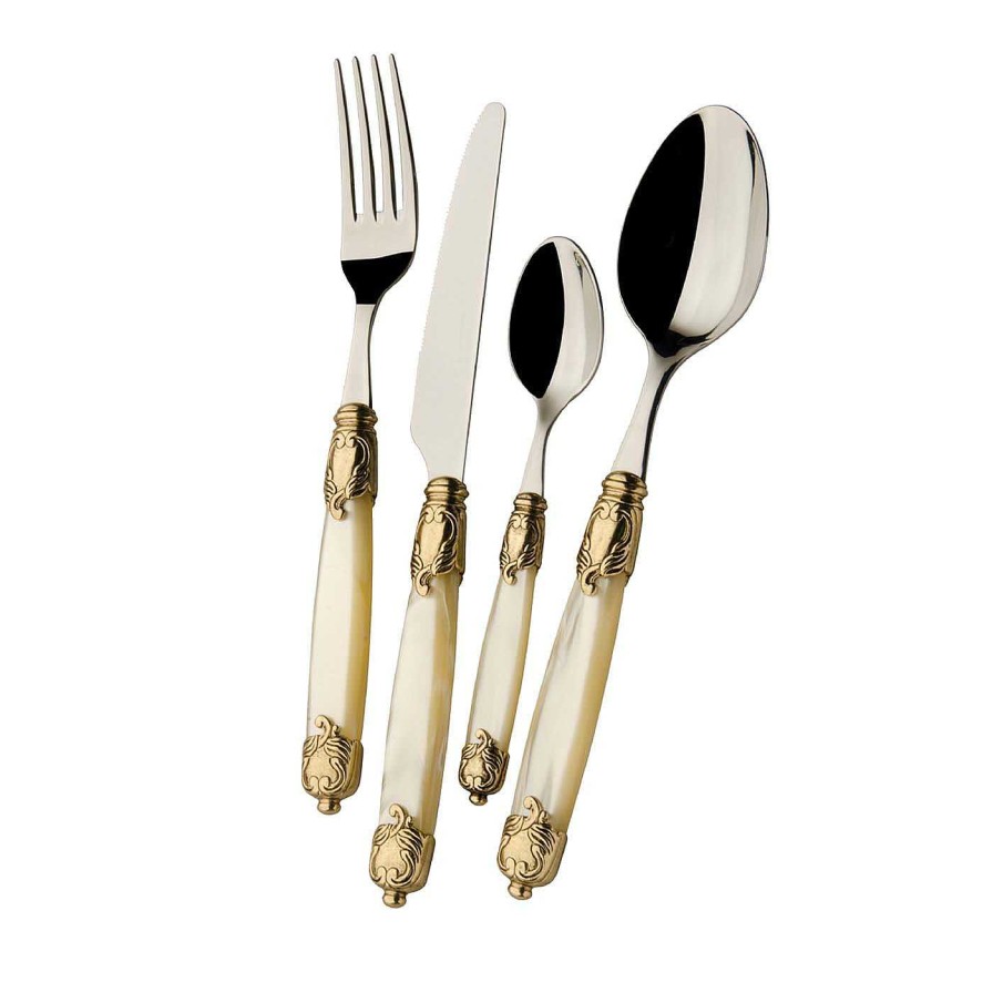 Arts De La Table Casa Bugatti Menageres | Service De Couverts 'Rococo' Gold 24 Pieces En Ivoire Avec Boite