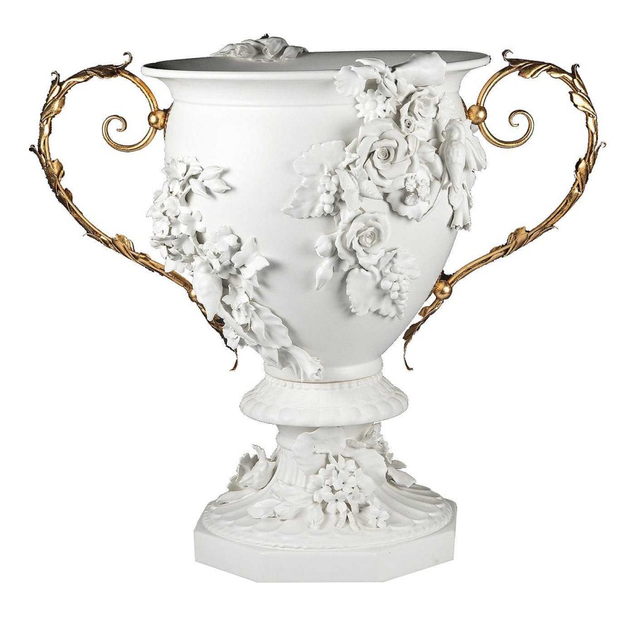 Decoration I Borbone Capodimonte Amphores | Vase Gobelet Floral Blanc Et Or Fiori D'Antonio Fullin