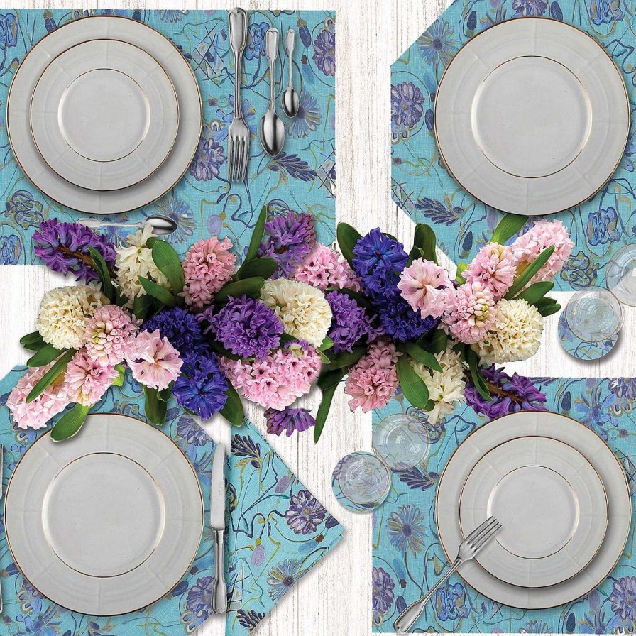 Arts De La Table Luisa Longo Sets De Table | Lot De 2 Sets De Table Et Serviettes Octogonaux Enduits Bleu Clair Bouquet