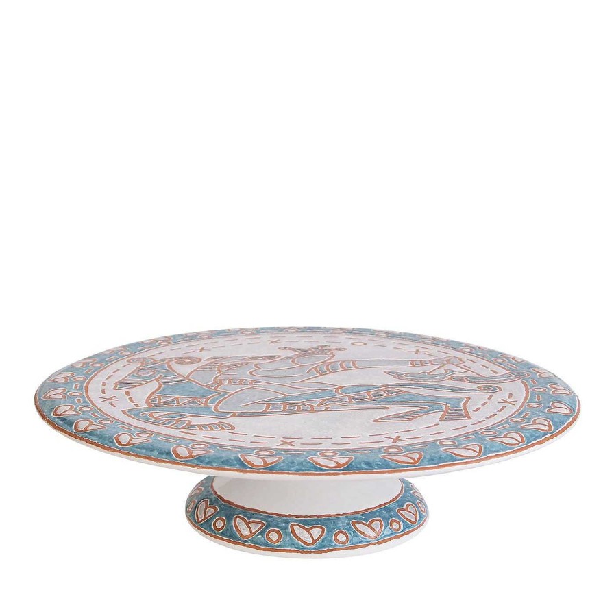 Arts De La Table Ceramiche Santalucia Assiettes A Gateaux Sur Pied | Support A Gateaux Bleu Et Blanc A Motifs