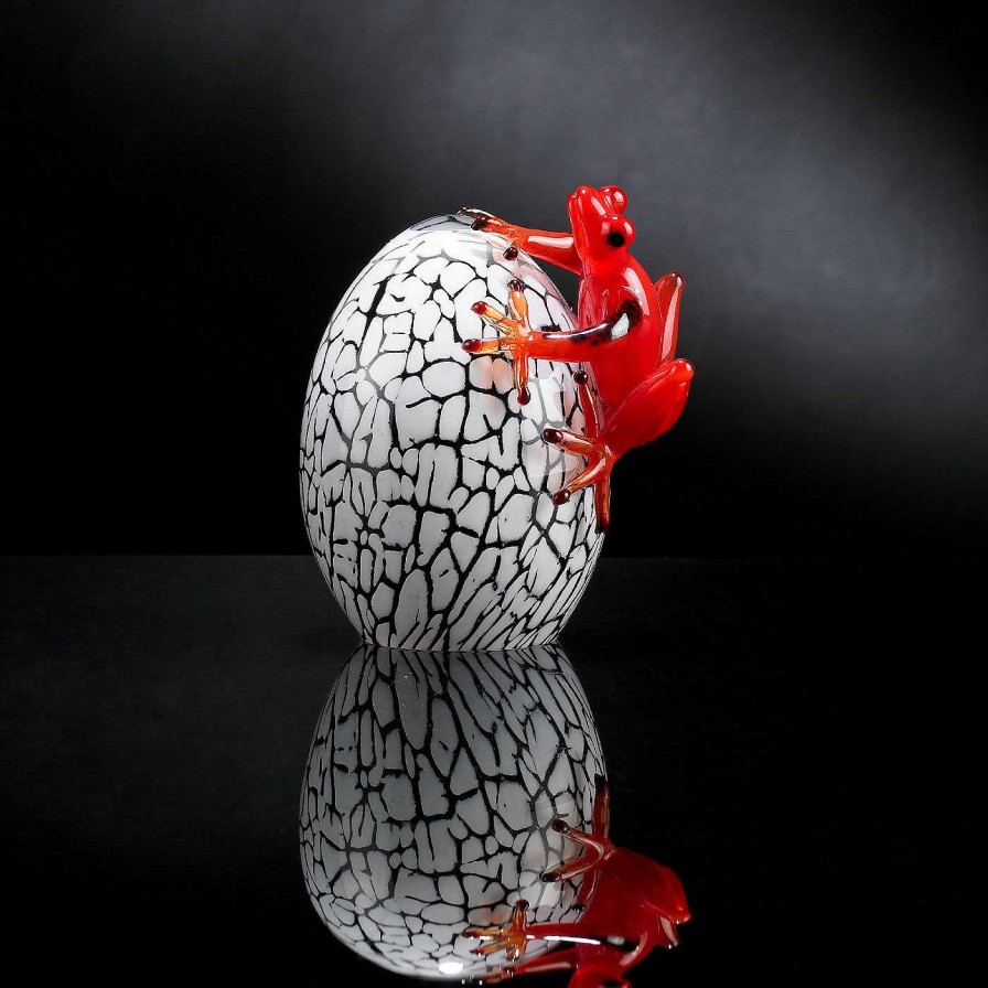 Decoration VGnewtrend Figurines | Oeuf En Verre Blanc Craquele Avec Gecko Rouge