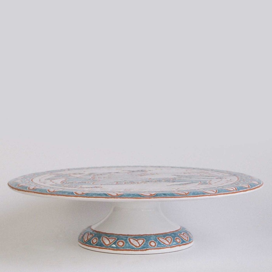 Arts De La Table Ceramiche Santalucia Assiettes A Gateaux Sur Pied | Support A Gateaux Bleu Et Blanc A Motifs