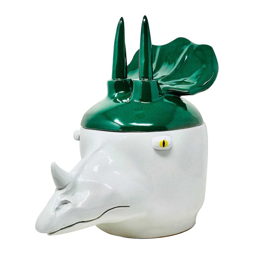 Decoration Freaklab Vases Avec Couvercles | Triceratops Grand Recipient Vert Et Blanc Avec Couvercle