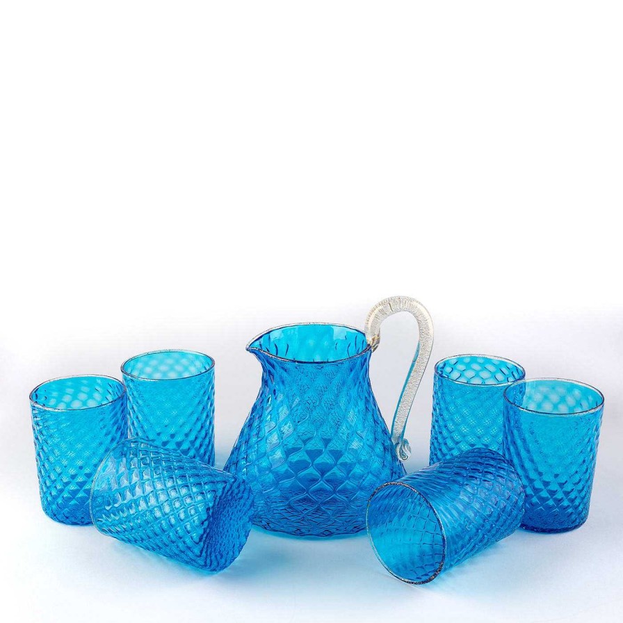 Arts De La Table Officine di Murano 1295 Verrerie | Ensemble De Pichet Balloton Bleu Et 6 Verres