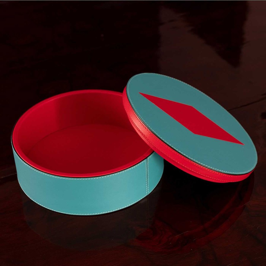 Decoration Luhdo Boites | Intarsio Briolette Boite Circulaire Turquoise Et Rouge Veritable