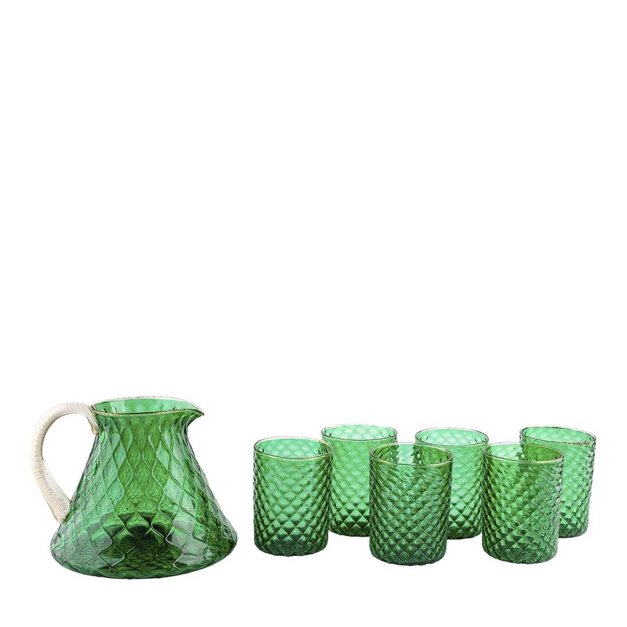 Arts De La Table Officine di Murano 1295 Verrerie | Ensemble De Pichet Balloton Vert Et 6 Verres